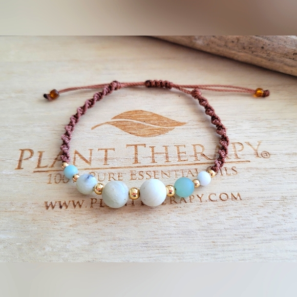 Earth Art hand crafted artisan Jewelry - Natural Mate Amazonite Stone & 18Kt Gold Macrame Bracelet